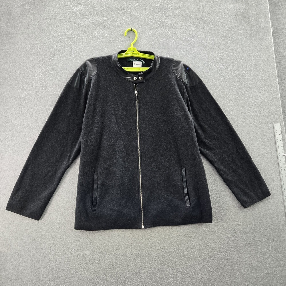 Lauren Ralph Women Jacket 3X Charcoal Cotton Nylon Faux Leather Trim READ